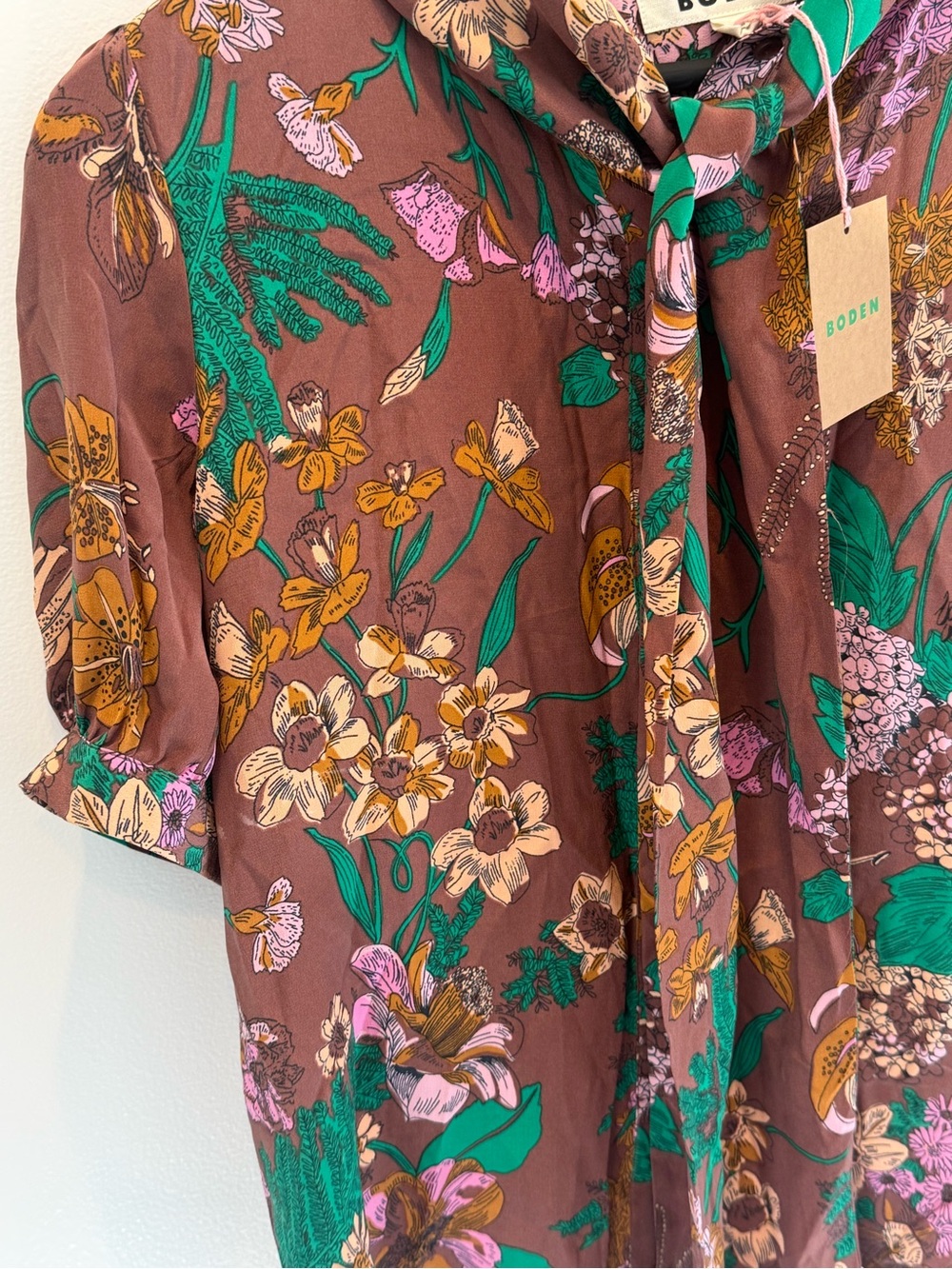 Boden Brown Floral Tie-Neck Blouse with Green and Pink Accents - Picture 3 of 4